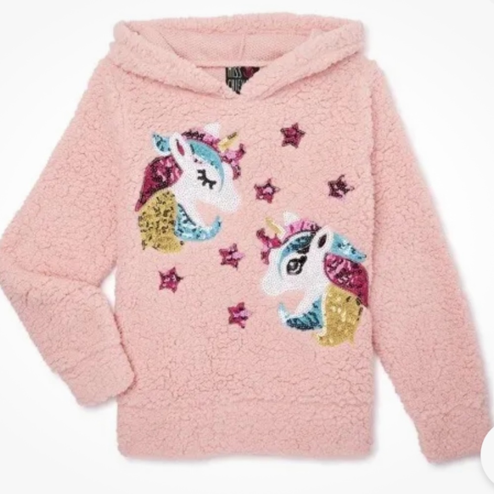 Miss Chievous Girls Sequin Pink Unicorns Sherpa Hoodie Top Size Medium (7-8) NEW